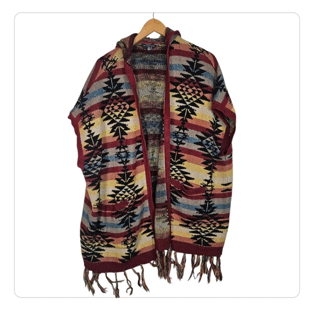 American Eagle Southwest Fringe Hooded Open Blanket Poncho Sweater XS Red Yellow
